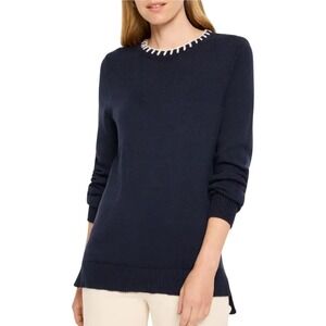 NIC+ZOE Blanket Stitch Cotton Cashmere Blend Sweater L Blue Knit Long Sleeve